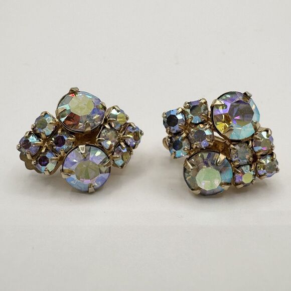 Clear Rhinestone Diamond Shape Clip On Earrings Aurora Borealis AB Vintage - Picture 1 of 6
